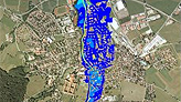 Ausschnitt der topographischen Karte, Bereich München mit Darstellung der Überschwemmungsgebiete; bei Mausklick Aufruf des Kartendienstes Überschwemmungsgefährdete Gebiete in Bayern; bei Mausklick Aufruf des Kartendienstes Überschwemmungsgefährdete Gebiete in Bayern